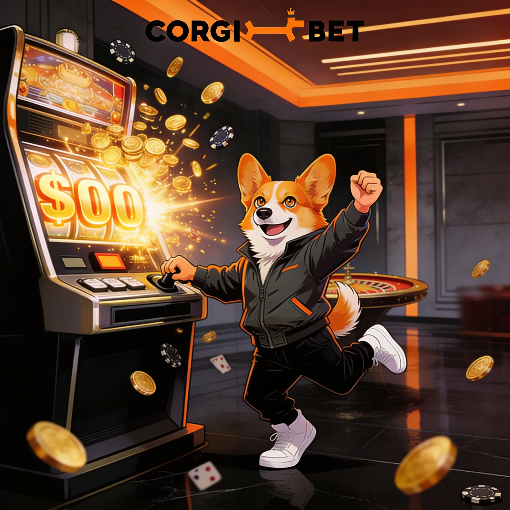 Corgi devant une machine à sous avec des pièces et jetons